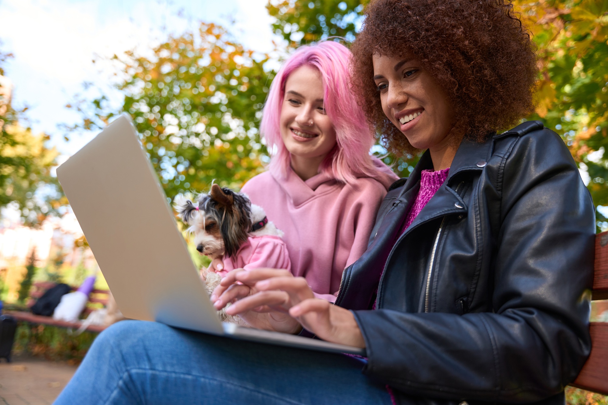 Two joyful women with dog and laptop in park